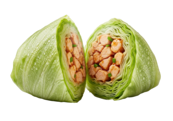 Dynamically cut-in-half chicken lettuce wrap, dewy iceberg, steaming chopped chicken, glossy sauce, green herbs, low-angle macro on transparent, high-key studio lighting, concept for food advertising