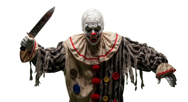 A terrifying clown holding a bloody knife, poised to attack. The clown's makeup is eerie and unsettling, creating a frightening image. Halloween theme