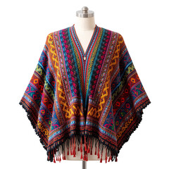 a colorful Mexican poncho, draped on a faceless mannequin, isolated on white