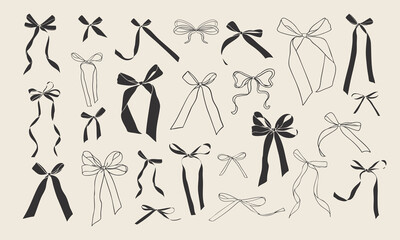 Set of hand drawn bows and ribbons. Minimalist vintage vector illustration for holiday poster, greeting cards, wedding invitations, branding