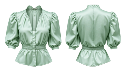 Elegant light green blouse with puffed sleeves,  front and back set isolated on a white background. transparent background