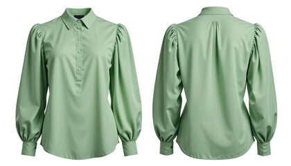 Elegant light green blouse with puffed sleeves,  front and back set isolated on a white background. transparent background