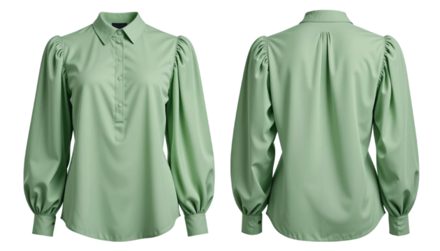 Elegant light green blouse with puffed sleeves,  front and back set isolated on a white background. transparent background