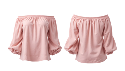 Elegant light pink blouse with puffed sleeves,  front and back set isolated on a white background. transparent background