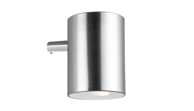 Modern Cylindrical Up-Down Wall Sconce. A modern minimalist cylindrical wall sconce in a brushed silver or light grey finish is presented, designed isolated on transparent background 