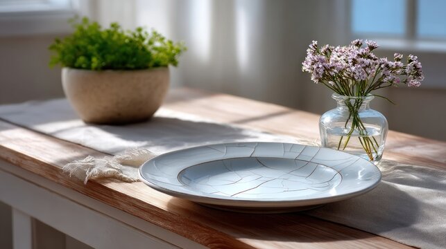 Light-filled table setting with a light gray plate, small potted plant, and delicate flowers