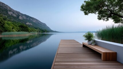 Calm lakefront patio with wooden dock