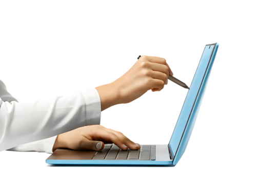 Person using stylus on laptop isolated on a transparent background