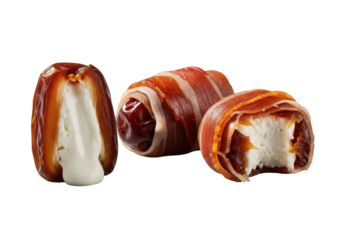 Three gourmet Medjool dates: one sliced, creamy goat cheese; two crispy prosciutto-wrapped (one bitten), on gray background. Luxurious culinary indulgence concept.