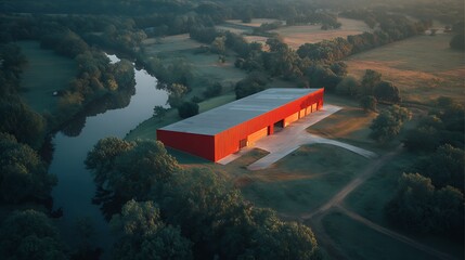 Aerial View Red Building Beside River Surrounded by Green Trees at Sunset