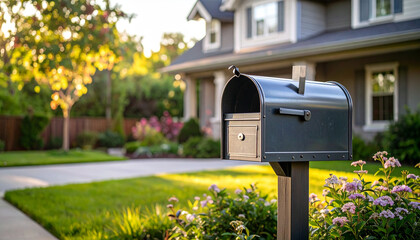 Classic Suburban Black Mailbox with Flowers in Front Yard Garden