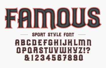 Classic college font. Vintage sport serif font in american style for football, soccer, baseball and basketball. Alphabet and numbers with outline in varsity style
