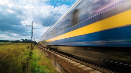 Obraz premium A high-speed train streaks across the countryside a blur of blue and yellow showcasing modern transportation and dynamic movement