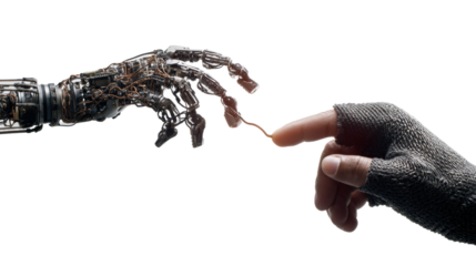 Futuristic interaction robot hand meets human touch in digital display isolated on transparent background, png