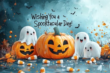 Spooky Halloween Poster with Ghosts and Text &rdquo;Boo Happy Halloween&rdquo;. Cute Halloween Greeting Card and Invitation Card.