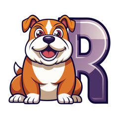 Playful Bulldog Character with Big Alphabet R, Cute Children Book Illustration, Fun Learning, Cartoon Puppy, Educational Kids Design