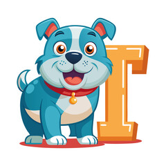 Playful Bulldog Character with Big Alphabet T, Cute Children Book Illustration, Fun Learning, Cartoon Puppy Design for Kids Education
