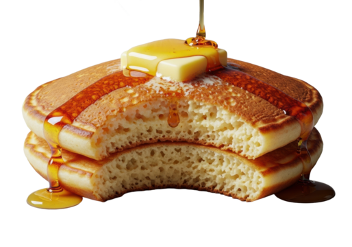 A golden-brown pancake with crispy edges, steaming fluffy interior, melting butter, dripping maple syrup, isolated on transparent, appetizing and indulgent food concept.