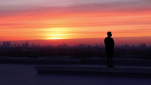 Silhouette of a person looking at a vibrant sunset over a city