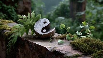 Yin-yang symbol on weathered stone, surrounded by greenery