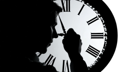 Reflecting on time a silhouette of a man with clock conceptual profile isolated on transparent background, png