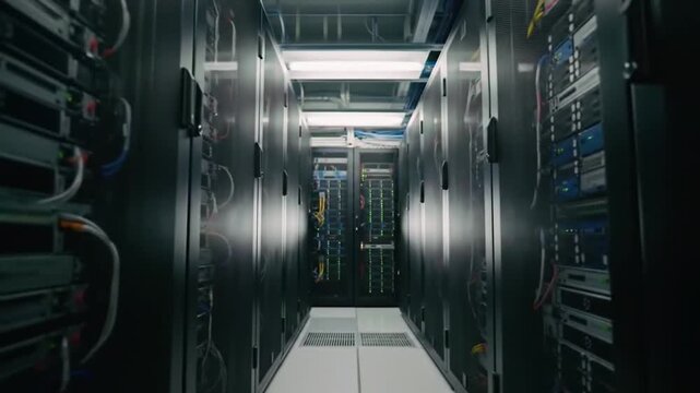 Wide Shot of Server Room with Blinking Lights, Full Equipment View