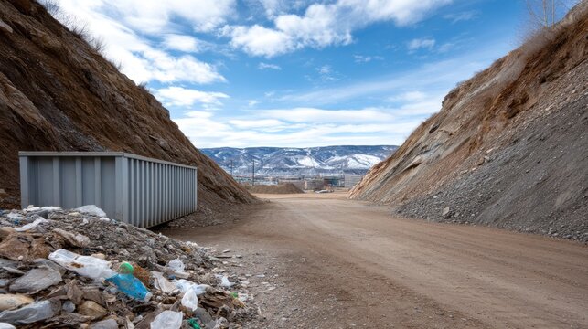 A dirt road between steep, excavated slopes leads to a distant cityscape under a partly cloudy sky. A large metal container sits near a pile of refuse at the road's base