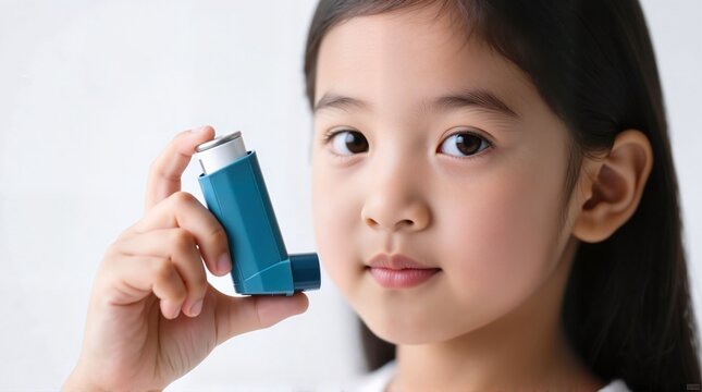 Young Asian girl holding asthma inhaler with calm expression indoors  