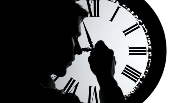 Reflecting on time a silhouette of a man with clock conceptual profile isolated on transparent background, png - Powered by Adobe
