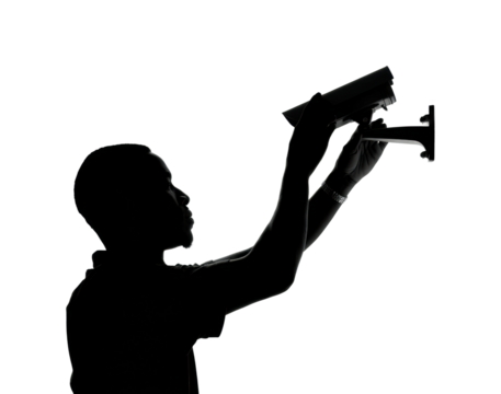 Installing surveillance camera urban space daylight side view security isolated on transparent background, png