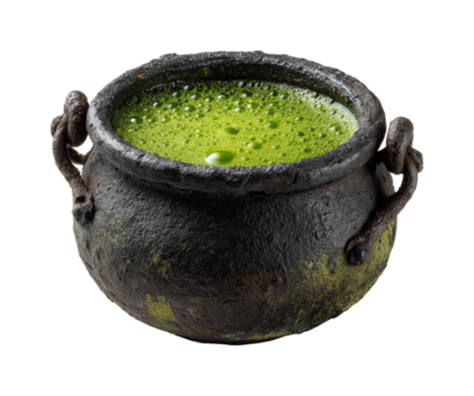 Mysterious green potion brewing dark kitchen still life eerie atmosphere isolated on transparent background, png