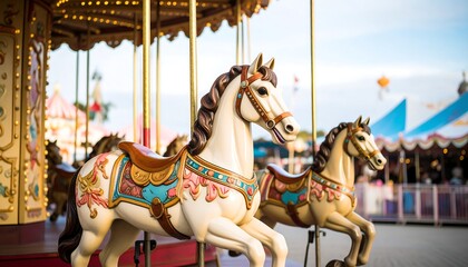 Two ornate carousel horses stand ready to carry riders, showcasing vibrant pastel colors and detailed carvings.