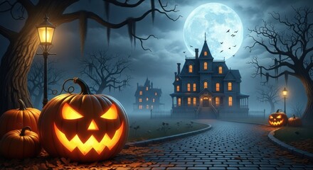 Spooky haunted house on halloween night with jackolanterns and full moon