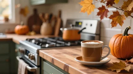 Cozy kitchen with autumn leaves and pumpkin spice latte on counter   © Svetlana