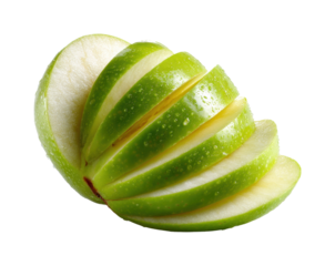 Sliced green apple fruit preparation kitchen food bright light isolated on transparent background, png