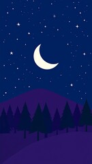 Nighttime landscape with crescent moon and trees