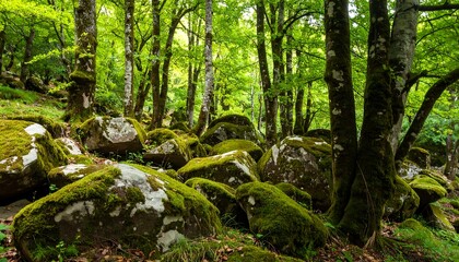 Naklejka premium Lush forest floor with mossy rocks