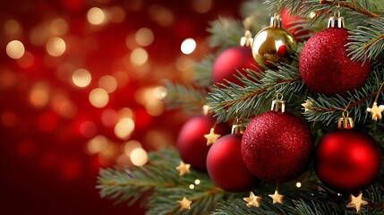 Decorative Christmas Tree Ornaments with Lights and a Festive Background in Red