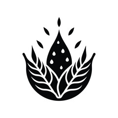 Vector art of abstract black and logo representing growth, water, and agriculture with leaves and a drop of water