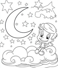 Magical night sky coloring book illustration, featuring a crescent moon with a smiling face, tiny twinkling stars, fluffy clouds, and a little child sitting on a cloud looking at the stars, 