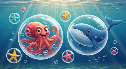 A vibrant cartoon illustration featuring a smiling octopus and a friendly whale inside bubbles, in an underwater scene.