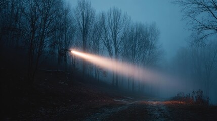 Beam of light through bare trees in foggy woods illuminates a dirt path