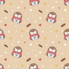 Christmas Hedgehog Happy Face Seamless Pattern with Cocoa Mug