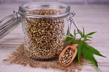 Hemp seeds in a jar. Close-up. Superfood.
