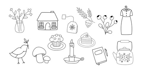 Cottagecore hand drawn doodles collection. Black linear icons isolated