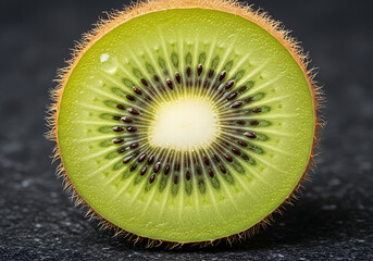 Fresh kiwi fruit slice displaying vibrant green pulp and tiny black seeds, a healthy and delicious snack