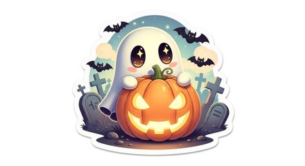 adorable ghost character with glowing eyes and pumpkin