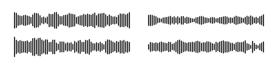 Obraz na płótnie Canvas Black podcast sound wave patterns with varying amplitude bars for audio visualization and media interfaces. Digital frequency lines on white bg for music players, recording apps or broadcast design.