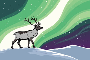 Reindeer on snowy hill under aurora borealis.