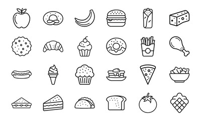 Food and Drink Line Icons Set – Fast Food, Burger, Pizza, Hotdog, Sandwich, Cupcake, Muffin, Ice Cream, Salad, Cheese, Bread, Fruits and Vegetables Outline Vector Illustrations